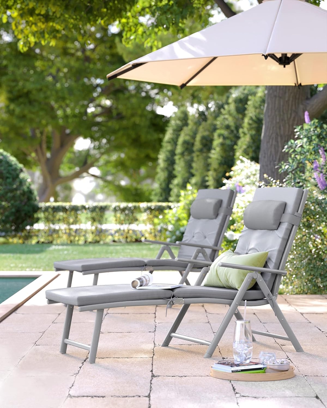 SONGMICS Sezlong pliabil, cu saltea groasa si tetiera, spatar reglabil, maxim 150kg, 183x60x39cm, gri