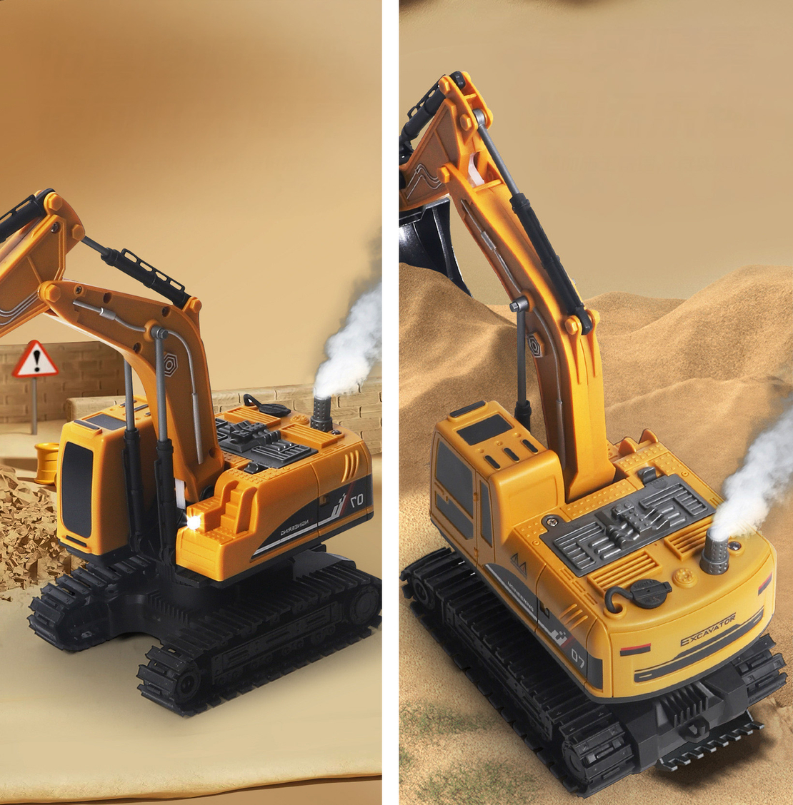 Set utilaje construction RC cu excavator si basculanta, lumini si abur, telecomanda, 3 accesorii incluse