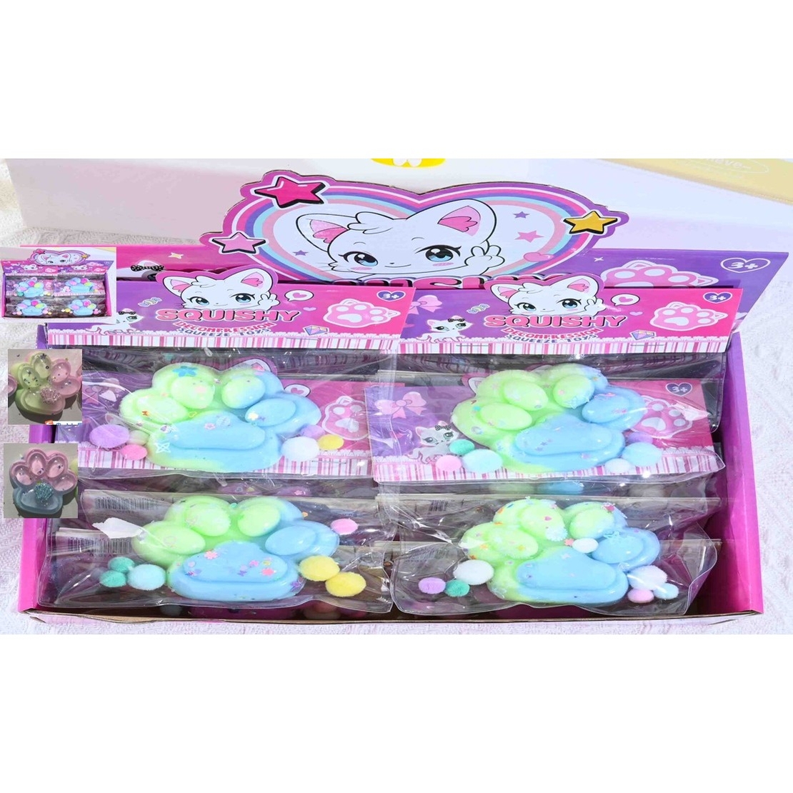Jucarie Antistres Squishy, Flippy, cu Revenire Lenta, Labuta de Pisica Pufoasa, 7.5 cm, Ambalaj Transparent, Model 27059, Multicolor