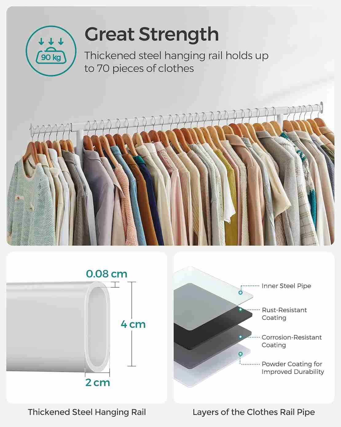 SONGMICS Suport pentru haine extensibil pe roti, bara reglabila 110-150 cm, stil industrial, 150x45x160 cm, alb mat