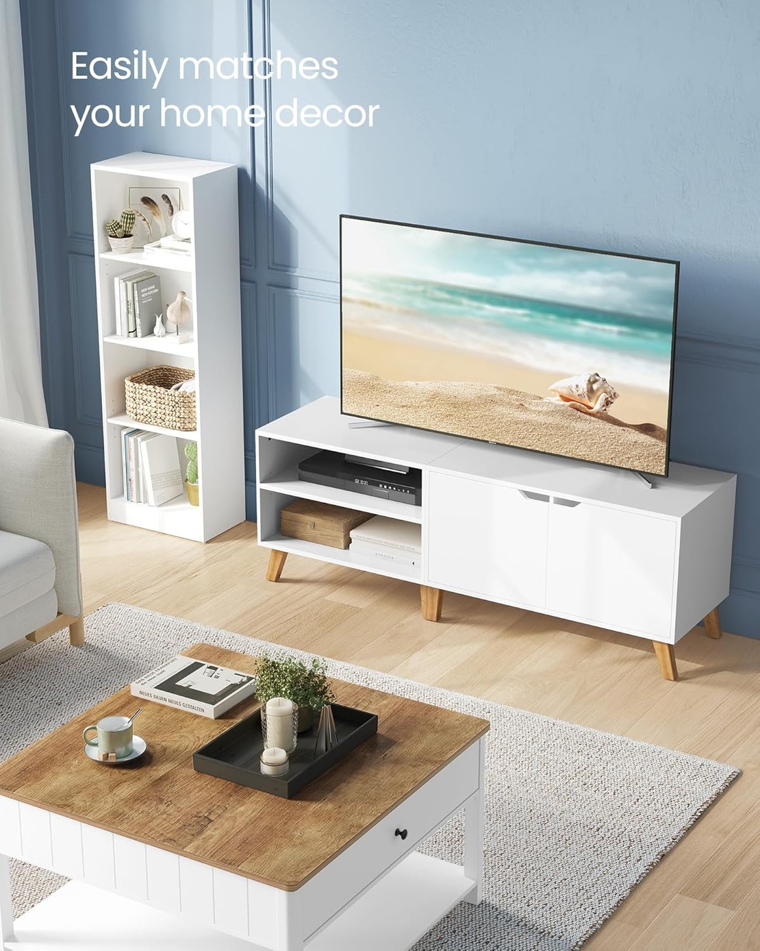 VASAGLE Comoda pentru TV de pana la 65 inch, cu 2 usi si raft reglabil, 40x140x50 cm, alb