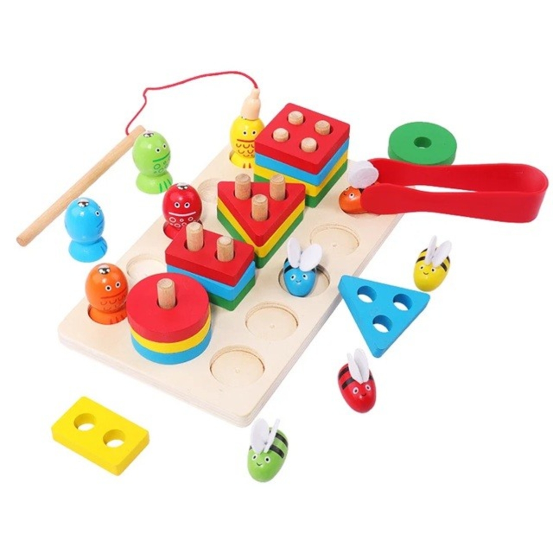 Jucarie Montesorii de Sortat si Pescuit, Flippy, din Lemn, +3 Ani, cu Magnet, Model Forme Geometrice, Pestisori si Albinute, 22.5 x 13 x 5.3 cm, Multicolor
