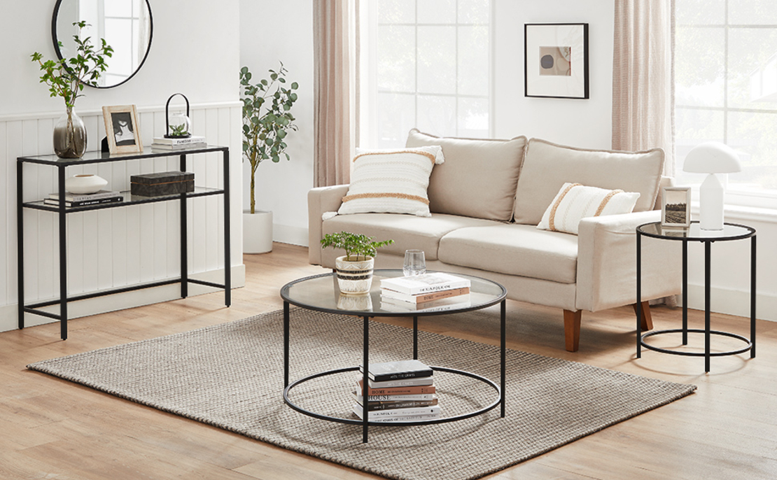 VASAGLE Masa de intrare, pe 2 nivele, blat din sticla securizata, cadru metalic, 35x100x80cm, negru
