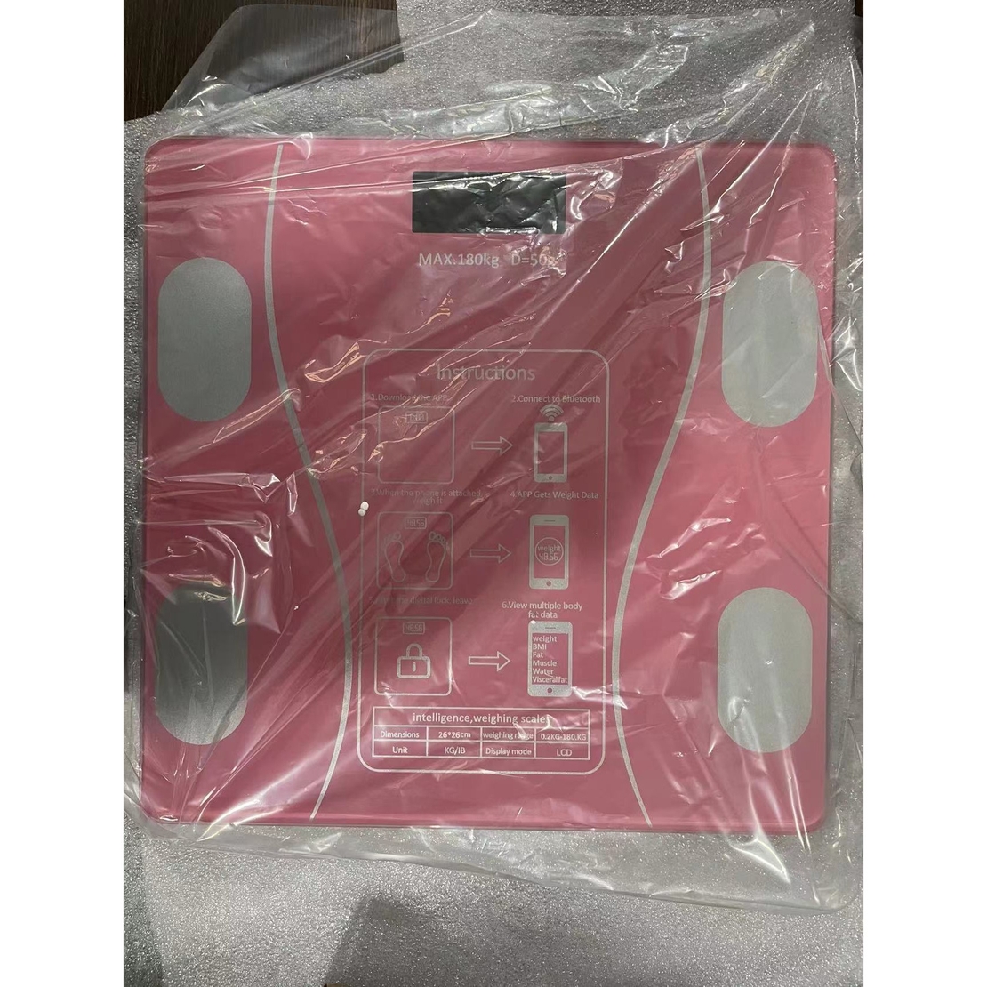 Cantar Electronic Inteligent De Baie Vafy Cu Aplicatie Smart, Corporal, Ecran Digital Iluminat, Termometru, Suporta Maxim 180 Kg, 26 x 26 cm, Baterii, Roz
