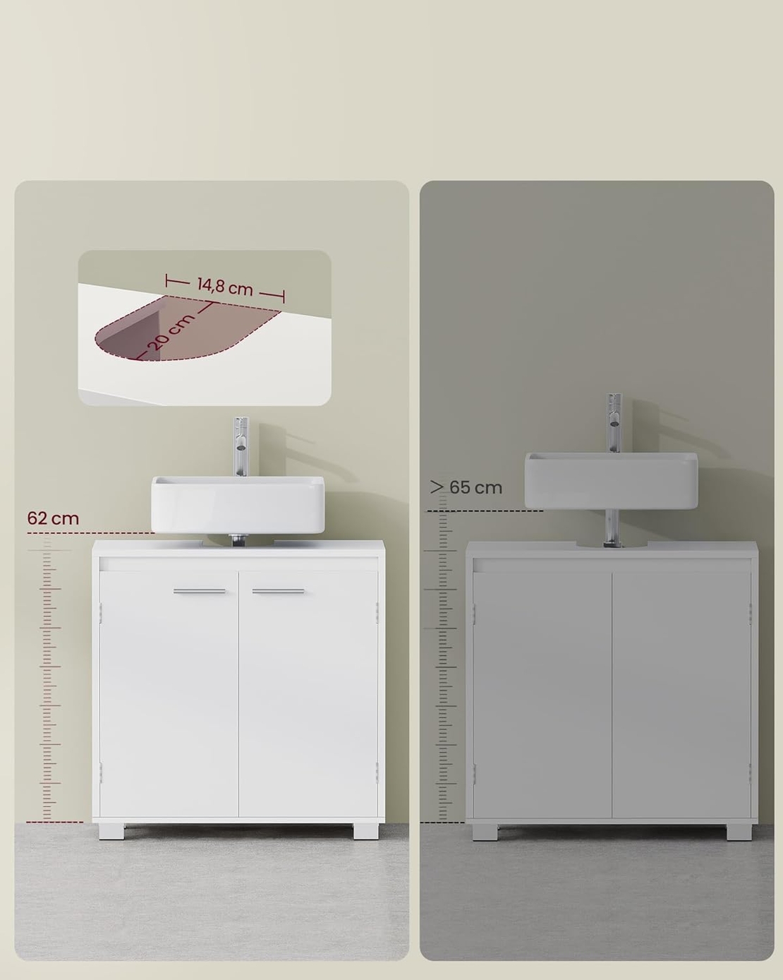 VASAGLE Dulap baie pentru suport lavoar, MDF, 2 compartimente, raft interior reglabil, 30x60x60 cm, alb