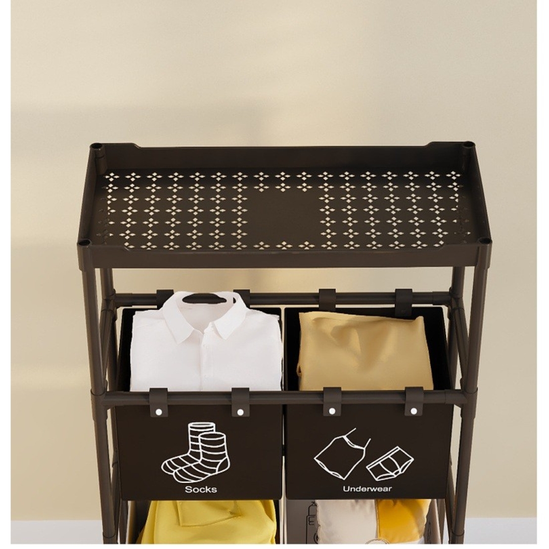 Cos de Rufe, Flippy, 3 Rafturi, 3 Cosuri, Cadru de Otel Inoxidabil, 123x28x57 cm, Negru
