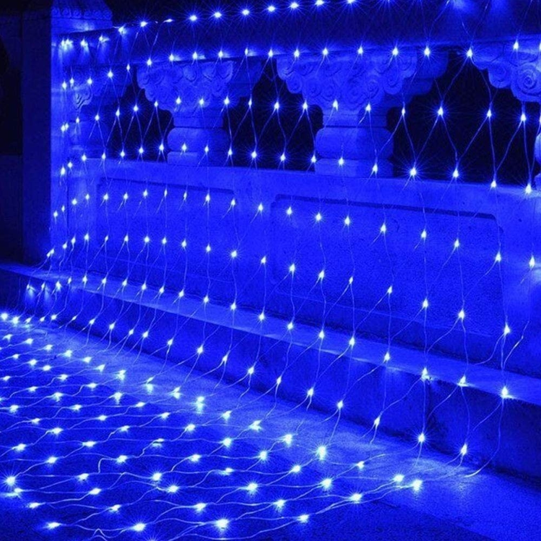 Instalatie Craciun, Tip Plasa, 7.5 m x 1.5 m, 600 LED-uri, Albastru, 8 jocuri de lumini, Transformator cu telecomanda, Interconectabila, Prelungitor 5 m inclus, Fir transparent, Vafy