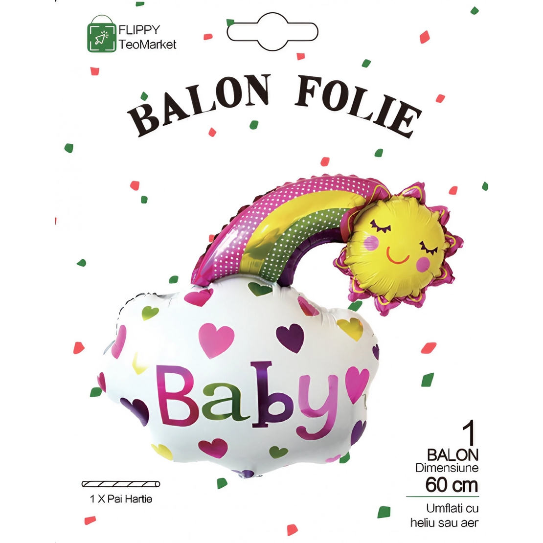 Balon din Folie Metalizata, Vafy, Figurina Soare si Nor, Tema Botez, 60x53 cm, Ambalaj Individual, Pai Inclus, Umflare cu Aer sau Heliu, Roz