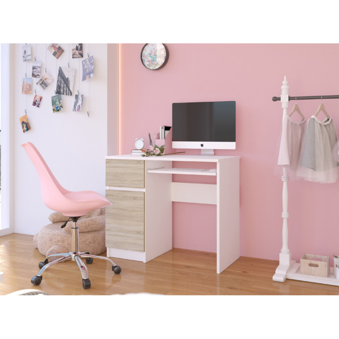 Birou computer PIKSEL, cu sertar, dulap si raft pentru tastatura, stanga, 90x50x77 cm, alb si stejar sonoma