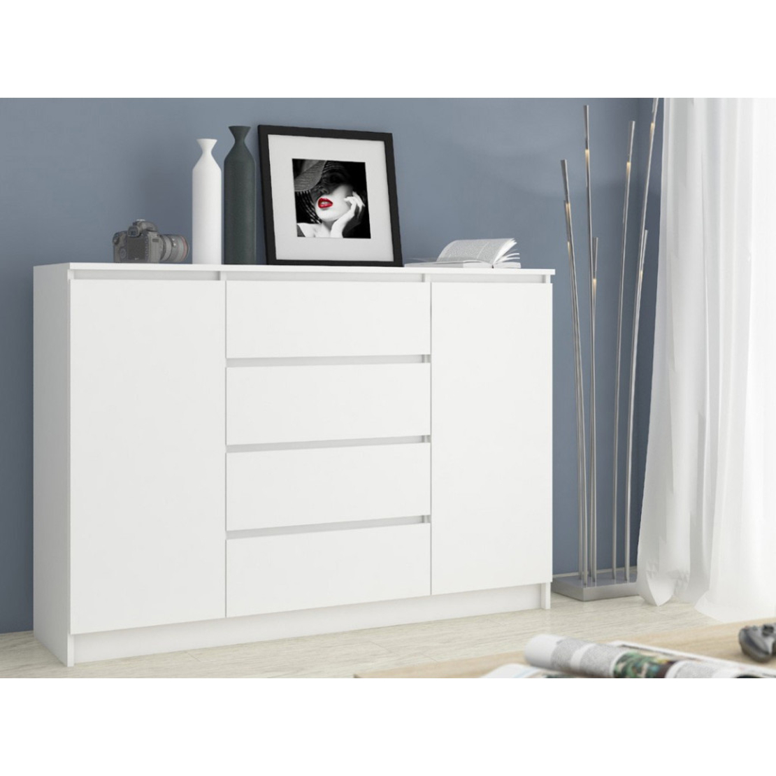 Comoda K160, cu 4 sertare si 2 dulapuri, PAL laminat 16 mm, 160x40x99 cm, alb