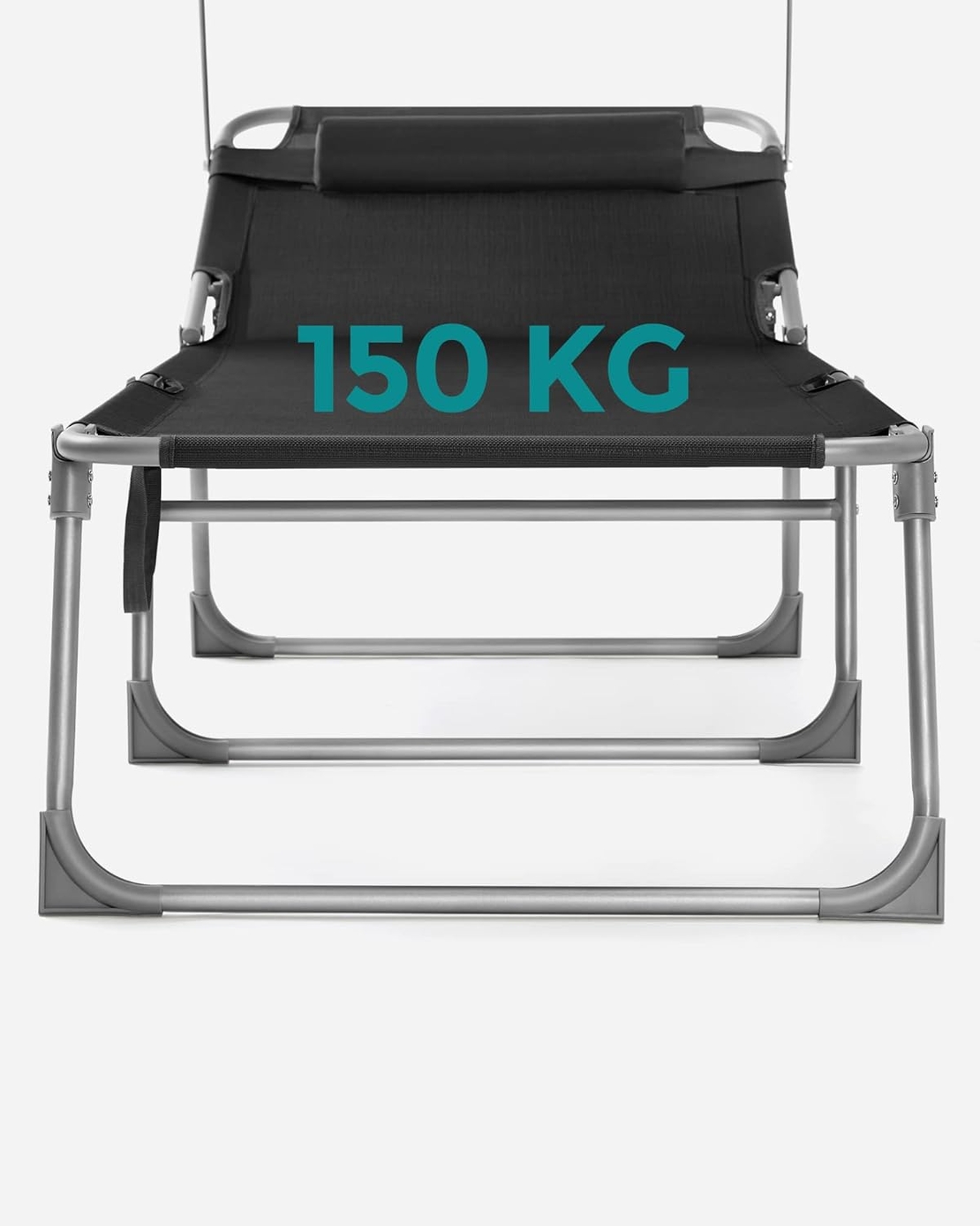 SONGMICS Sezlong pliabil, cu parasolar si tetiera, spatar reglabil in 4 pozitii, maxim 150kg, 200x71x38cm, negru