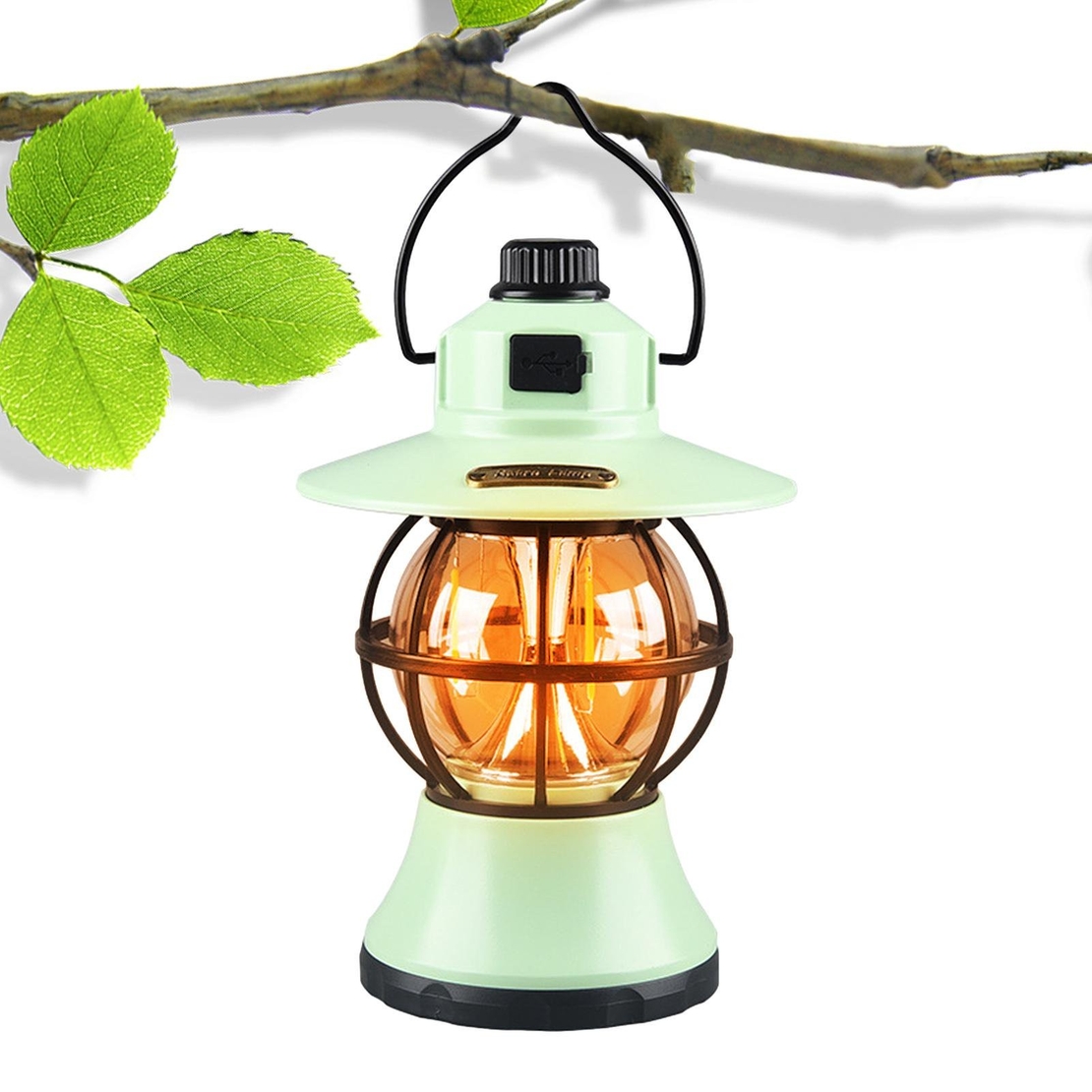 Lampă de camping retro portabilă, Felinar Vintage LED ABS, Acumulator inclus 1200 mAh, reincarcabila, 3 moduri de iluminare, intensitate reglabila,Lampa portabila pentru cort în aer liber, Mint