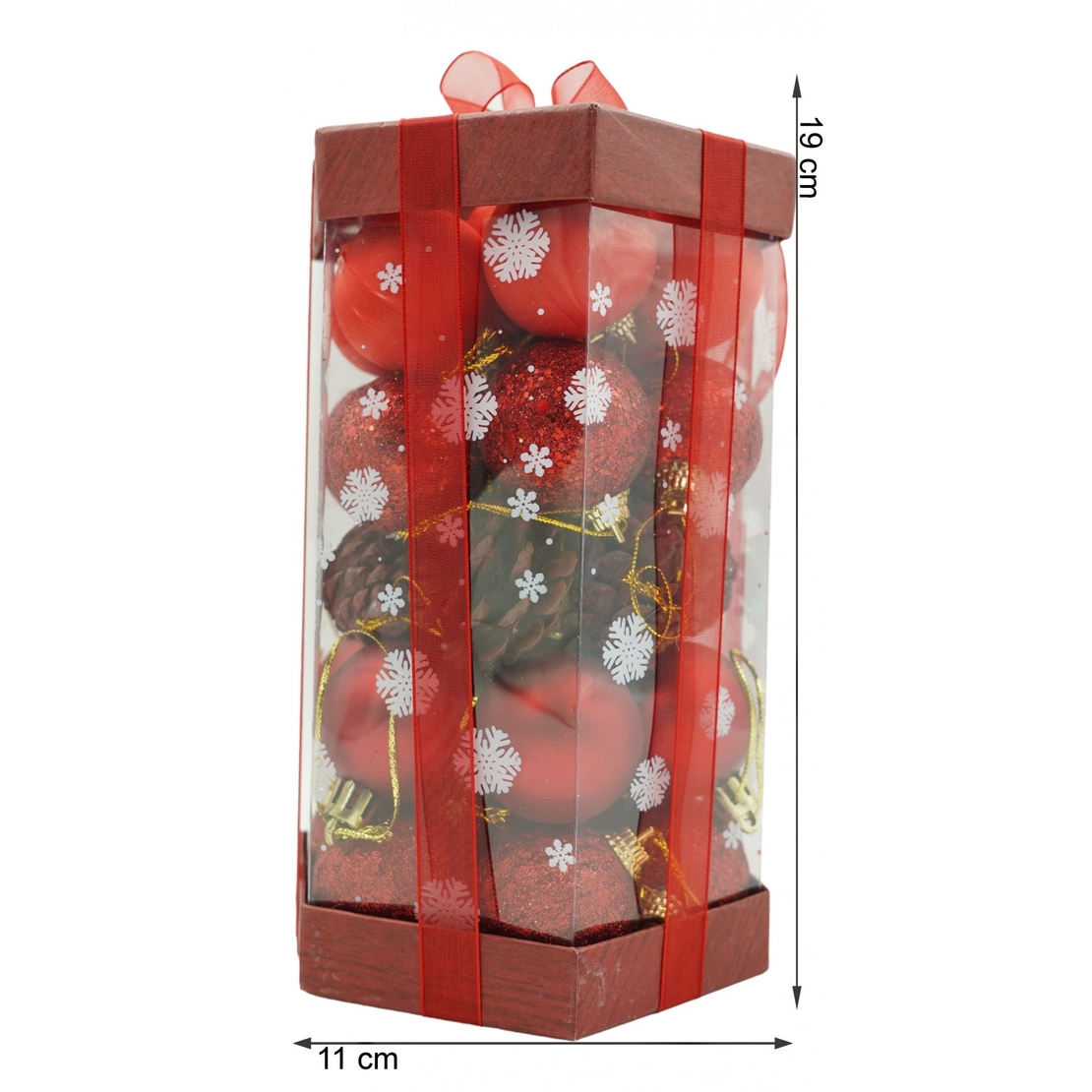 Set de 35 ornamente de brad, Flippy, de tip Glob, Rosu, din polistiren, cu finisaj sclipitor , cutie 11 cm adancime x 19 cm inaltime x 11 cm lungime)