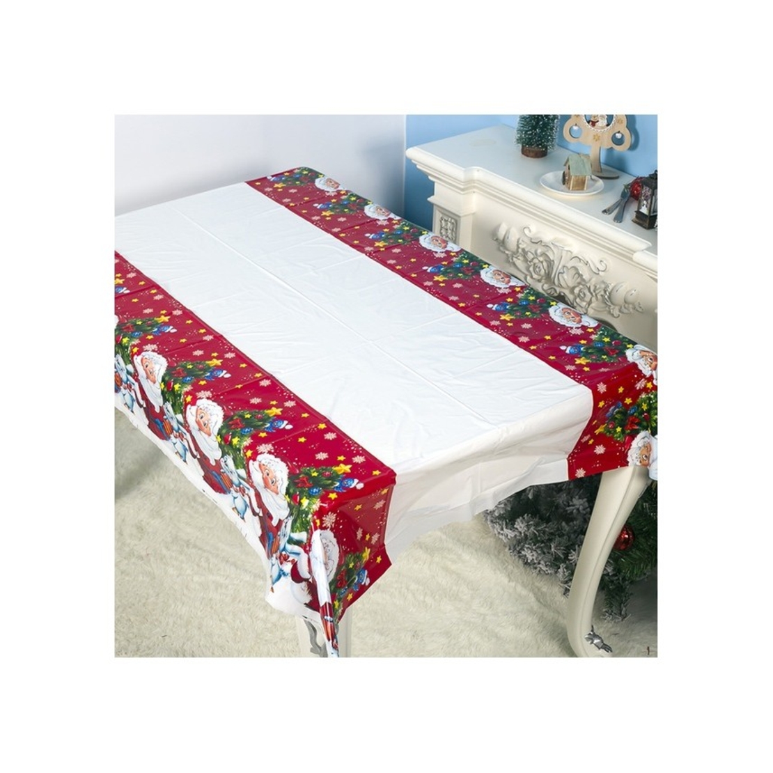 Fata de masa dreptunghiulara Flippy, PVC, 2.5 mm grosime, imprimeu Mos Craciun cu iepuras, potrivit pentru Craciun, utilizare multipla, 180 x 108 cm, alb