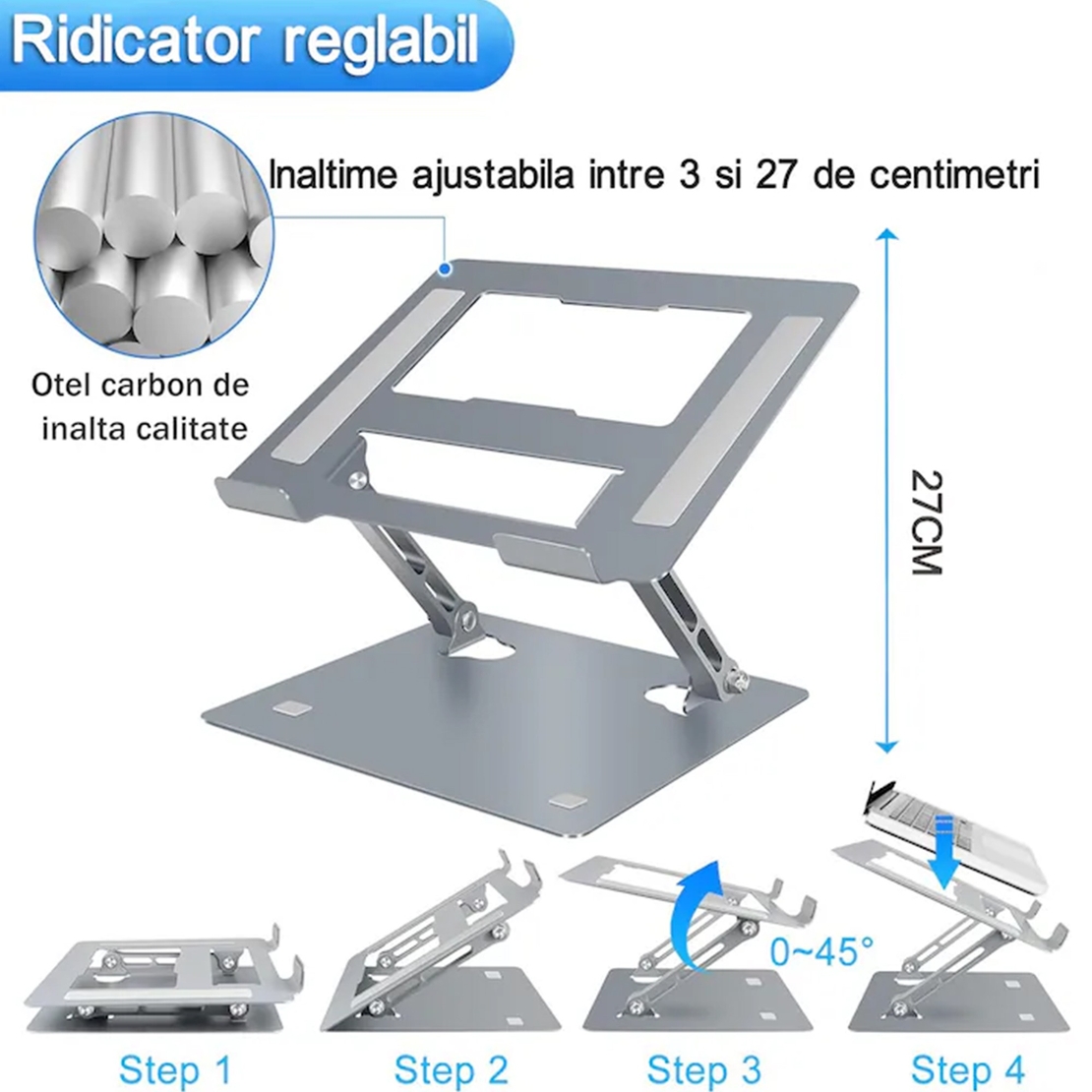 Stand Laptop si Tableta, Flippy, Suport Laptop Ergonomic, Pliabil, Ajustabil pe Inaltime, Portabil, Anti Alunecare, 27.7 x 27.7 x 5 cm, Gri Inchis