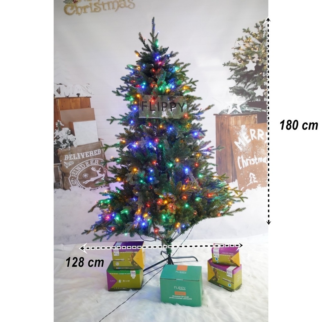 Brad Artificial de Craciun, Becuri led incluse in ramuri, pentru interior/exterior, inaltime 180 cm, diametru 128 cm, 1246 ramuri, Flippy, verde, suport metalic inclus