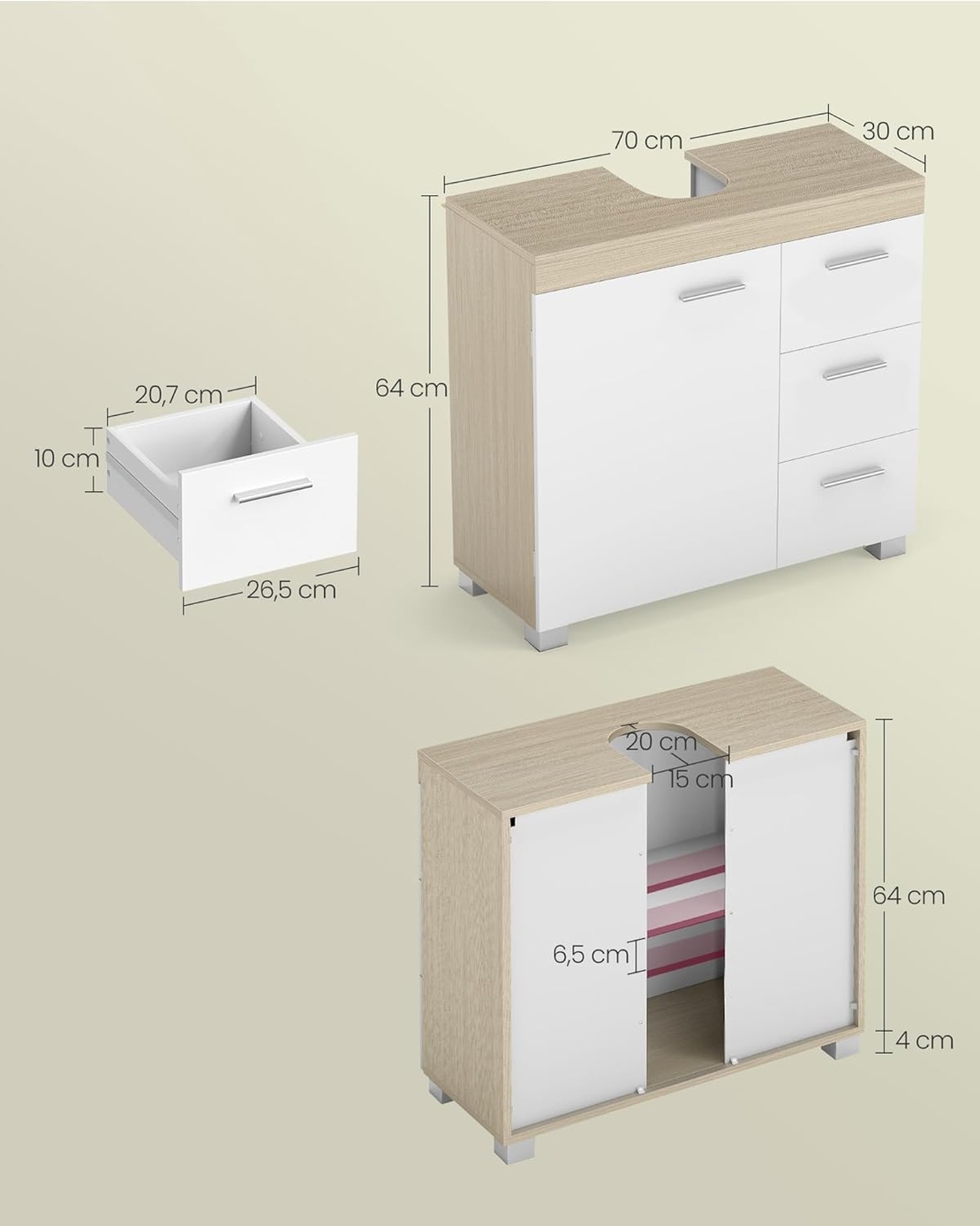 VASAGLE Dulap lavoar baie cu 3 sertare si 2 compartimente, MDF, 30x70x64 cm, alb si bej