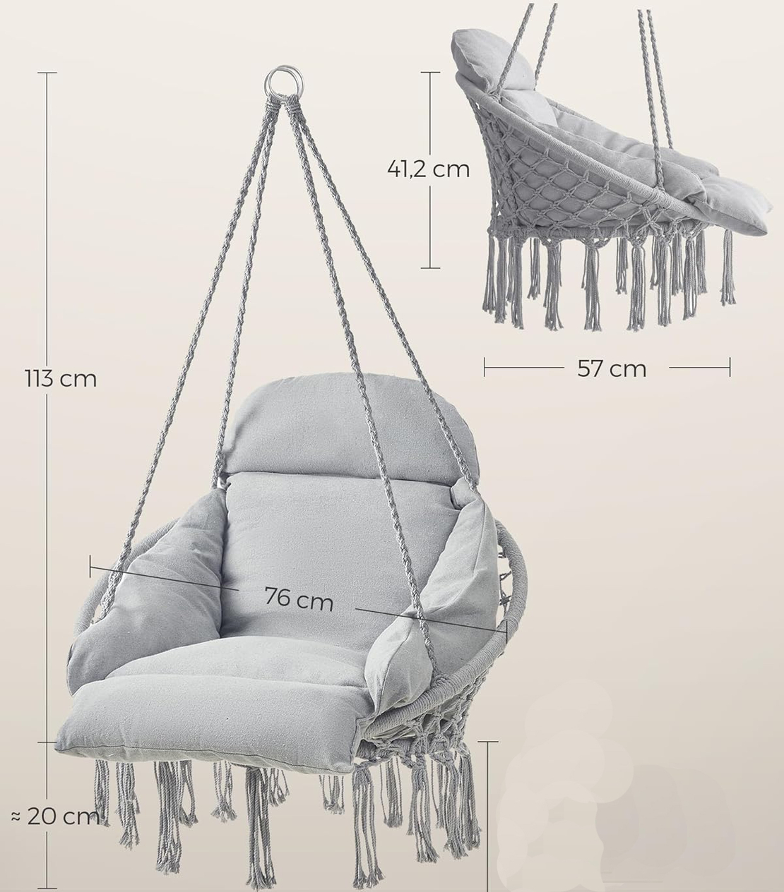 SONGMICS Scaun suspendat tip hamac cu perna groasa, stil scandinav, cadru metalic, include lant si carabiniera, 120 kg, gri