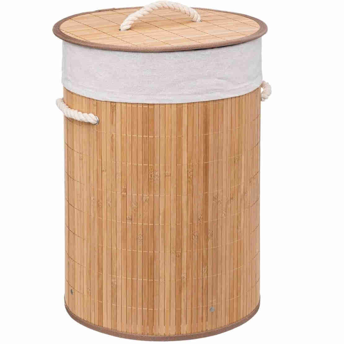 Cos rufe rotund 5Five Bambou cu capac, bambus, 48 litri, 35x50 cm, natur