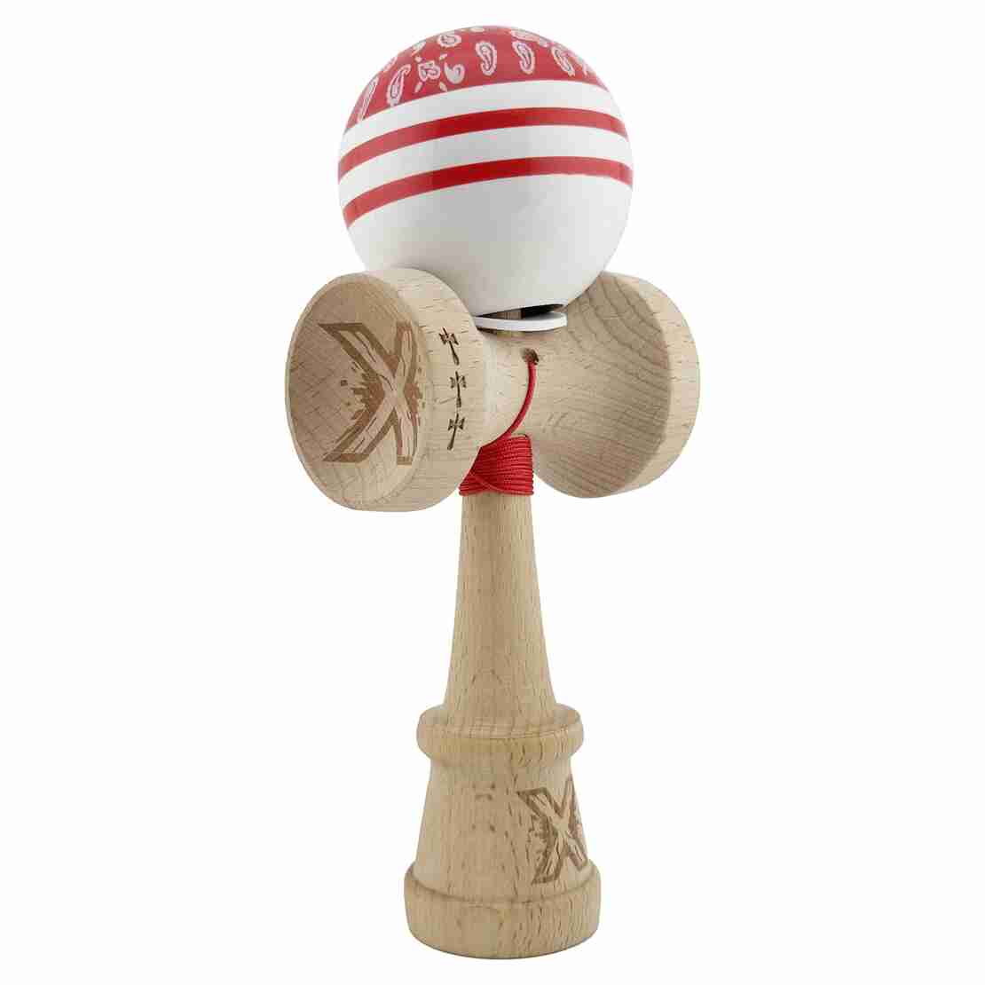 Kendama X Originala CHICANOS, Profesionala, Flippy, Cupe Mari KING SIZE V3, Super Sticky, Gaura in Baza, Rulment Metalic, din lemn 18 cm, Ata 62/65 cm, Rosu/Alb