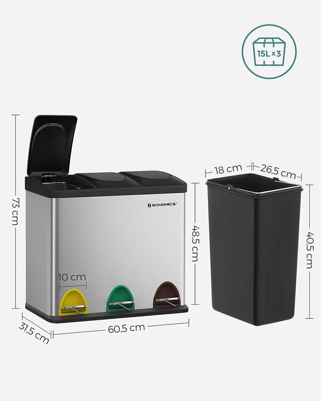 SONGMICS Cos de gunoi din inox cu 3 compartimente colectare selectiva, cu galeti interioare, 3x15litri, argintiu si negru
