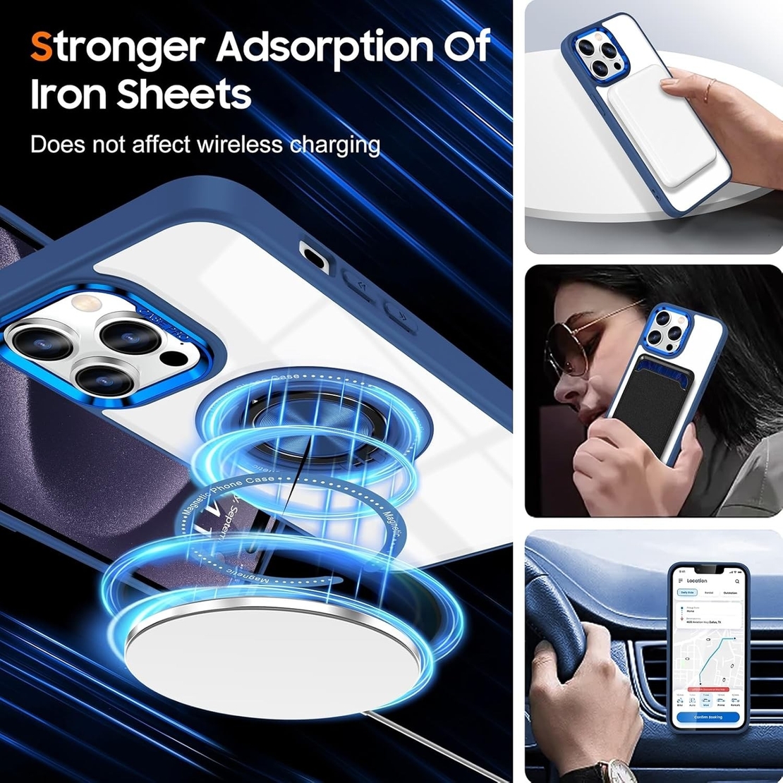 Husa de Protectie TPU, Vafy, pentru iPhone 16 Pro, cu Incarcare Wireless, Tehnologie Magsafe, Inel Magnetic Rotativ cu Functie de Suport, Transparent-Albastru Inchis