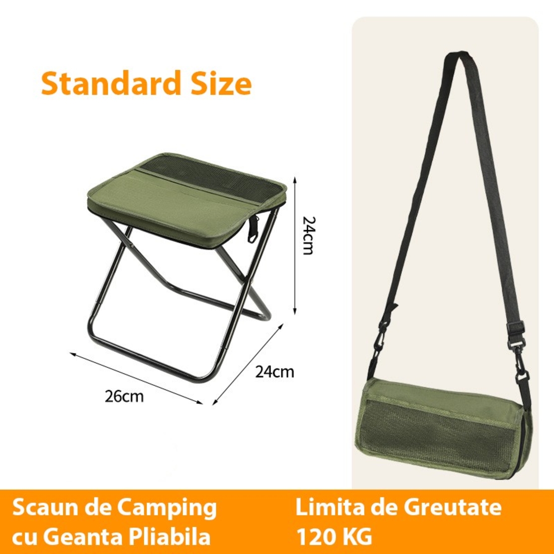 Scaun Taburet Pliabil pentru Camping, Vafy, pentru Adulti, Scaun Portabil, Pescuit, din Panza Oxford si Cadru Metalic, Mic 26 x 24 x 24 cm, Verde