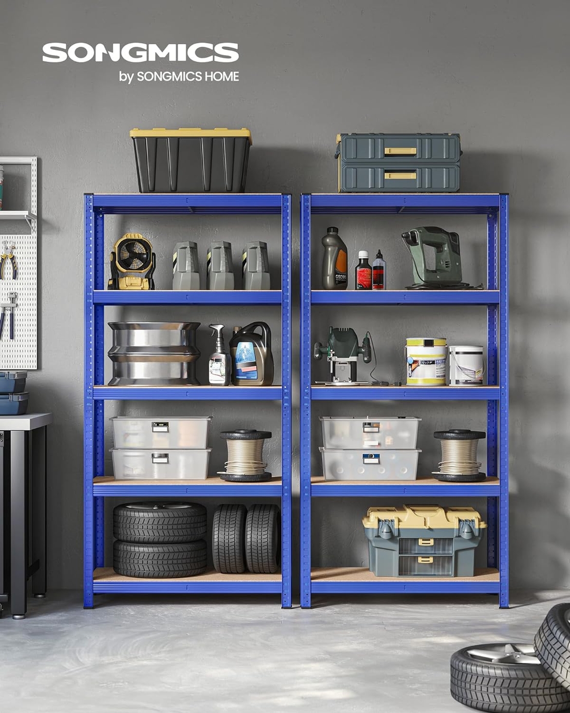 SONGMICS Raft de depozitare metalic, cu rafturi din MDF, 5 polite, max. 875 kg, 180x90x40cm, albastru