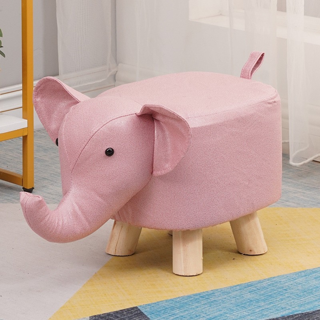 Taburet pentru Copii, Vafy, Scaun Tip Taburet, Model Elefant, din Lemn Masiv, Scaun pentru Copii, 30 x 25 x 25 cm, Roz