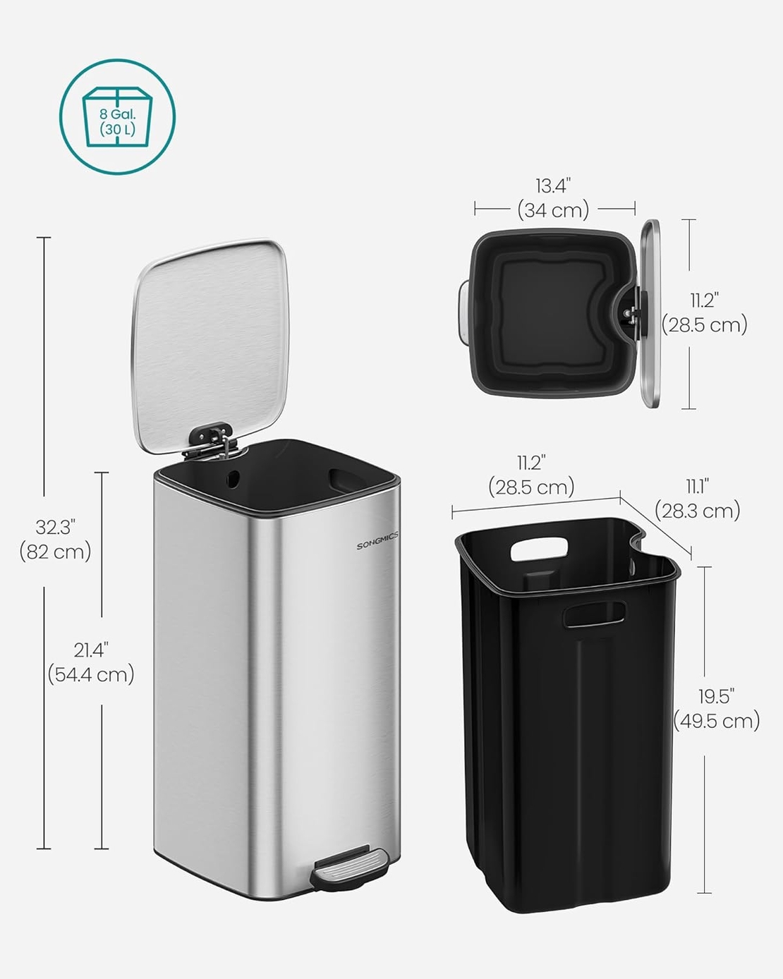 SONGMICS Cos gunoi 34x29x54 cm, 30L, cu pedala, capac silentios si galeata interioara detasabila, argintiu