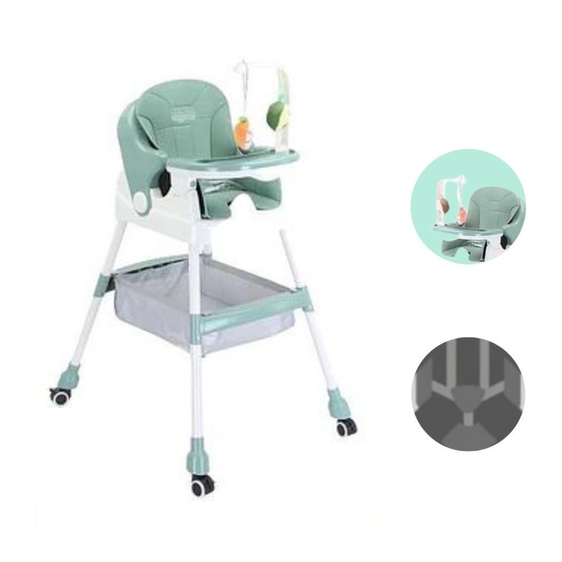 Scaun de Masa pentru Copii, Flippy, Multifunctional, Pliabil, cu Roti, Cos de Depozitare, din Plastic, Centura de Siguranta, Suport de Agatat Jucarii, 110 x 60 x 70 cm, Verde