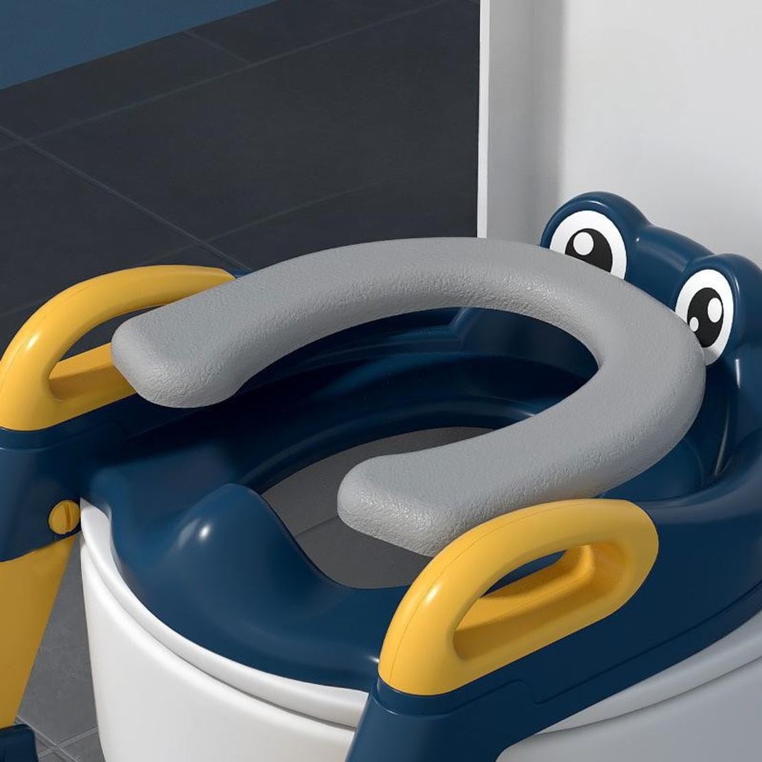 Reductor si Scaunel Inaltator WC, Flippy, pentru Copii 1 - 7 Ani, 2 Trepte Reglabile, Pliabil, Colac Moale, cu Spatar si Manere, Inaltime 54/58 cm x 39.5 x 35 cm, din Plastic+PVC, Albastru/Portocaliu
