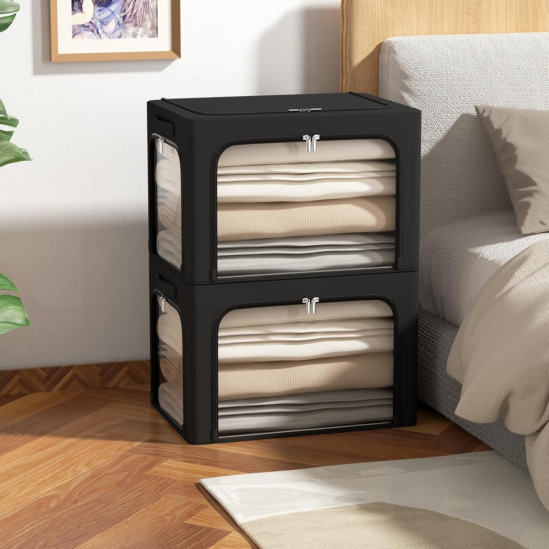 Cutie de Depozitare, Vafy, cu 3 Ferestre cu Fermoar Bidirectional, Cadru din Otel, Impermeabil, 38L, 42 x 30 x 30 cm, Negru