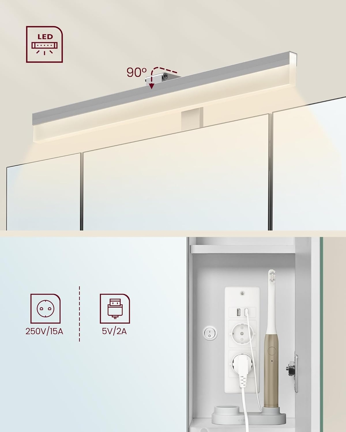 VASAGLE Dulap de baie de perete, cu oglinda si LED, prize si USB incorporate, 70x16x75 cm, alb