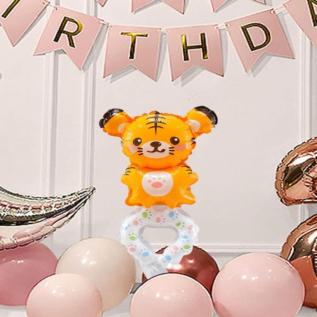 Balon din Folie Metalizata, Vafy, Figurine Animalute, Tip Bratara, Model Tigru, 17x34 cm, Ambalaj Individual, Pai Inclus, Umflare cu Aer sau Heliu, Maro
