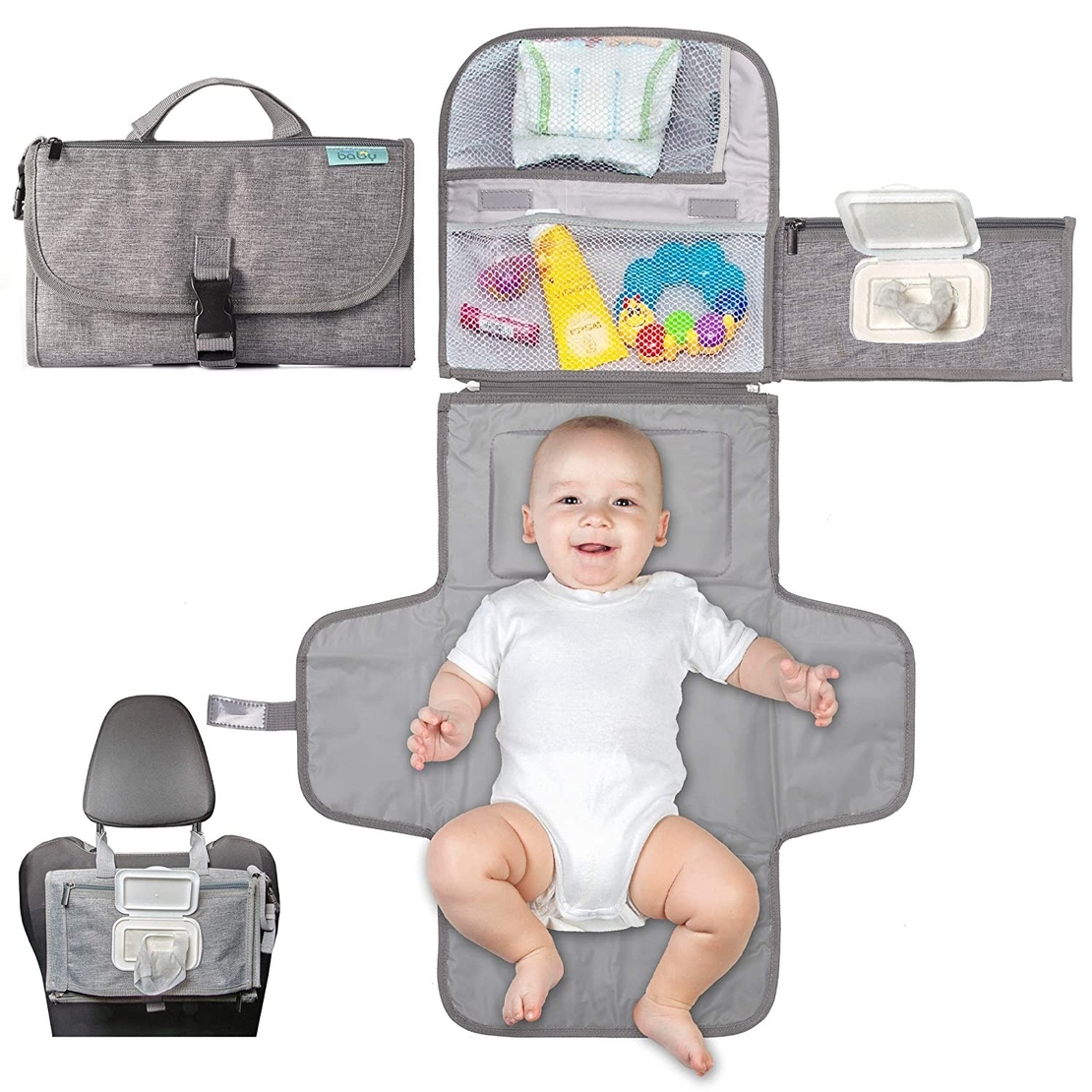 Geanta Multifunctionala, Vafy, Tip Aleza de Schimbat Scutece, Impermeabila, din Panza Oxford, cu Buzunare, Usor de Agatat, 30 x 20 cm, Gri