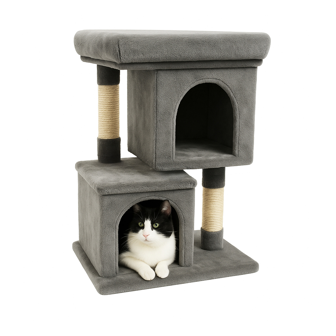Ansamblu de zgariat pentru pisici tip turn cu 2 niveluri, tunel, casuta si pat, MDF si plus, 67 cm, gri
