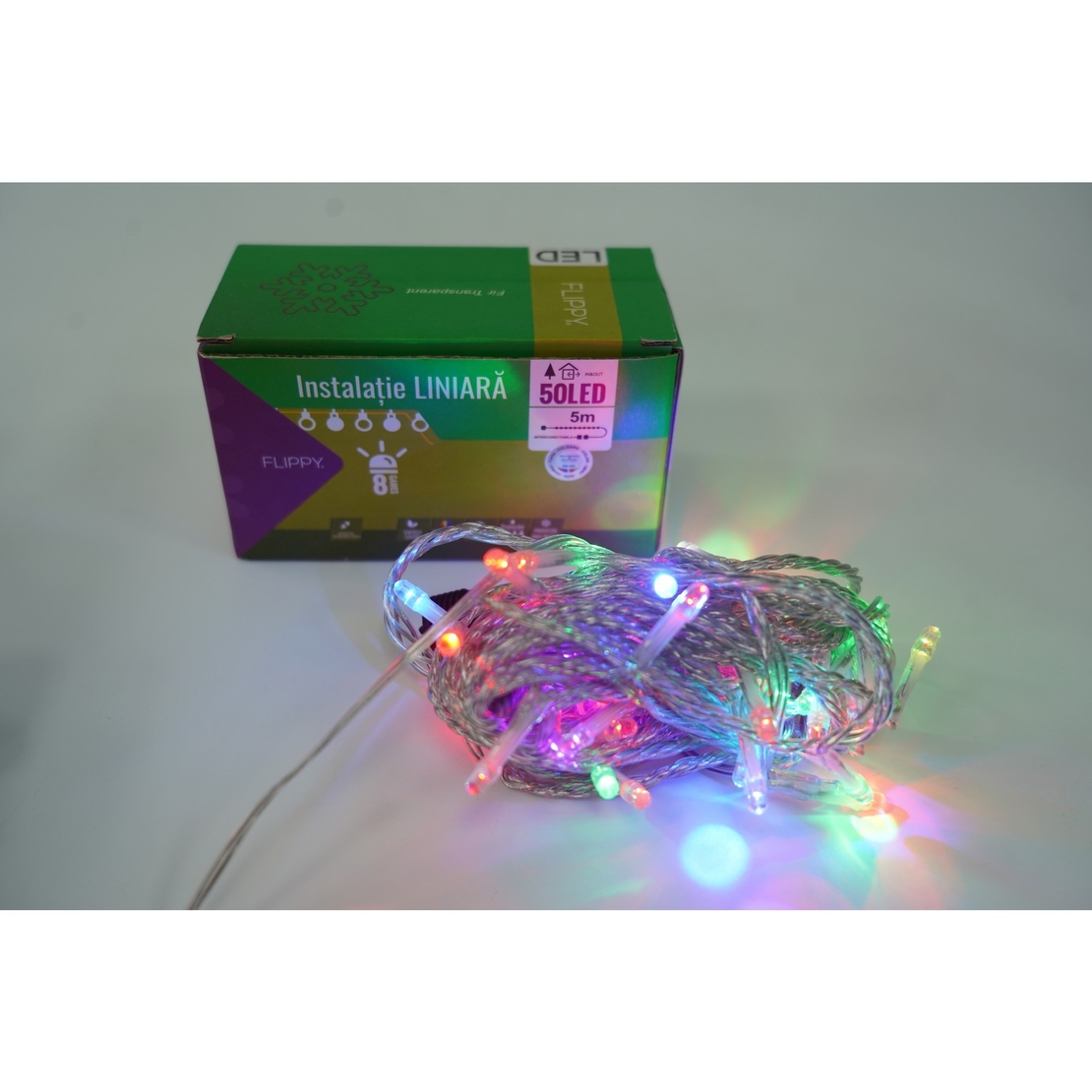 Instalatie Craciun, 10 m, 100 Led-uri ,Liniara, Rosu/Albastru/Rosu/Verde, Flash, Transformator cu telecomanda, Interconectabila, Prelungitor 3 m inclus, Fir Verde, Vafy