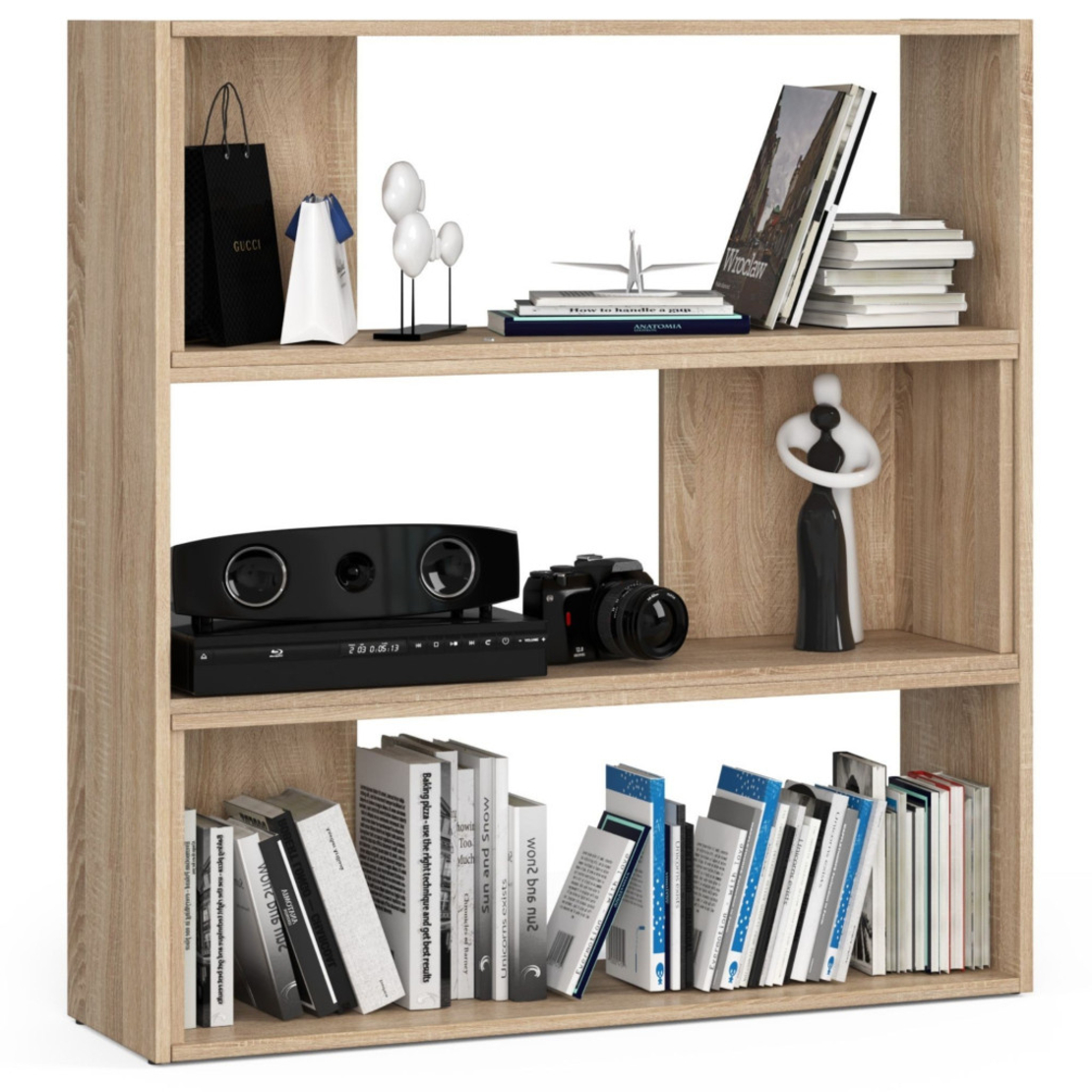Etajera de colt pentru carti si decoratiuni, cu 3 rafturi, PAL laminat 16 mm, 174x30x109 cm, stejar sonoma
