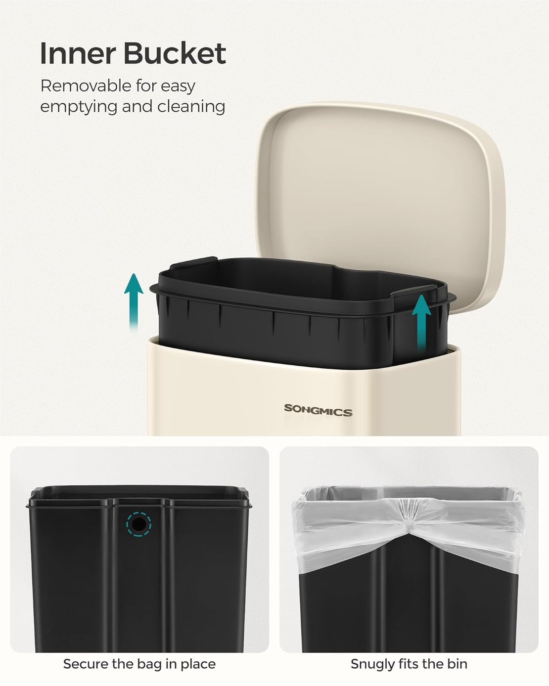 SONGMICS Cos de gunoi din otel cu pedala, galeata interioara plastic, capac inchidere lenta, 30L, 35x30x63cm, bej