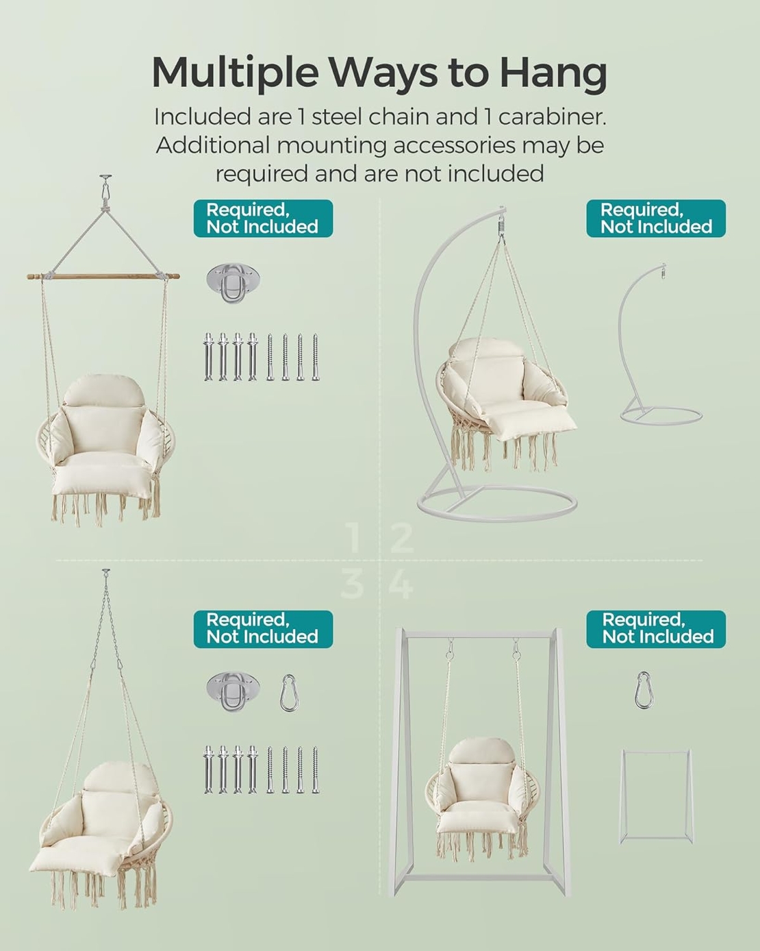 SONGMICS Scaun suspendat tip hamac cu perna groasa, stil scandinav, cadru metalic, include lant si carabiniera, 120 kg, crem