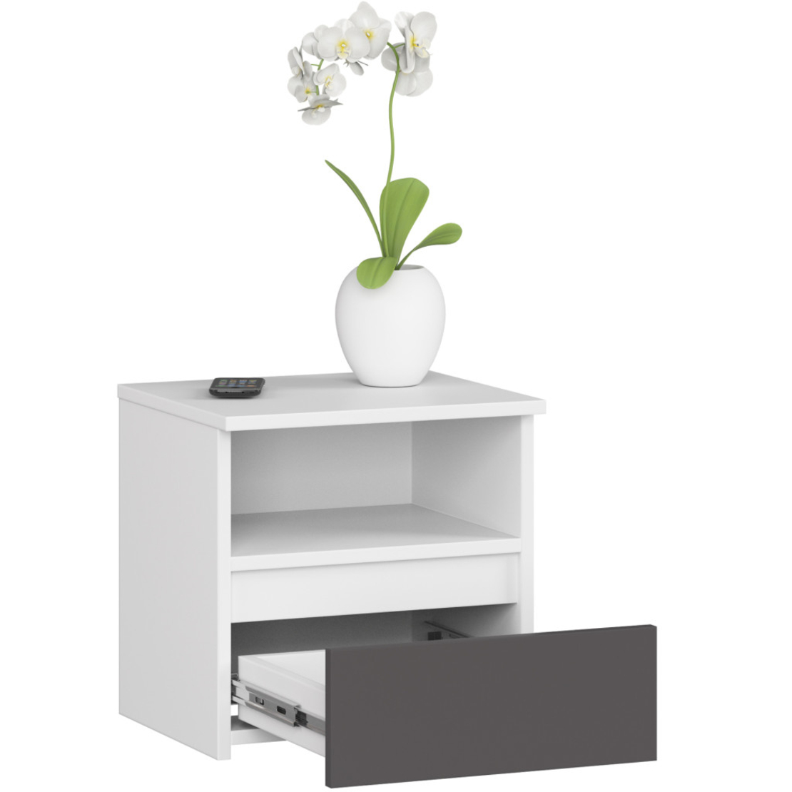 Noptiera cu 1 sertar, PAL laminat 16mm, 40x35x40 cm, alb si gri