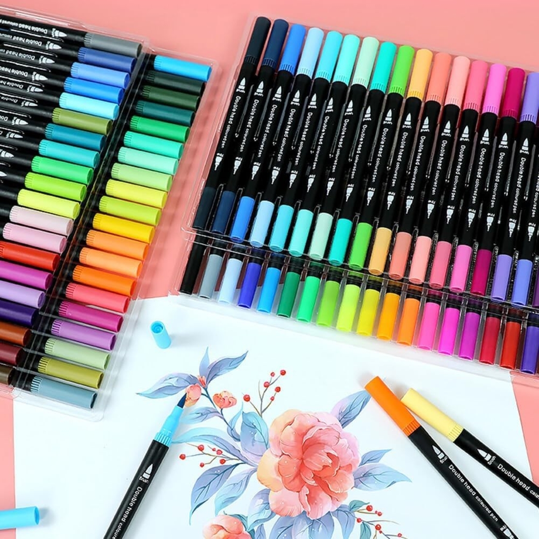 Set Carioci pe Baza de Apa, Flippy, 2 in 1, pentru Pictura, Caligrafie, 60 Culori, Penar Negru, Corp Carioca Negru, 26.5 x 17.5 x 4.5 cm, Multicolor