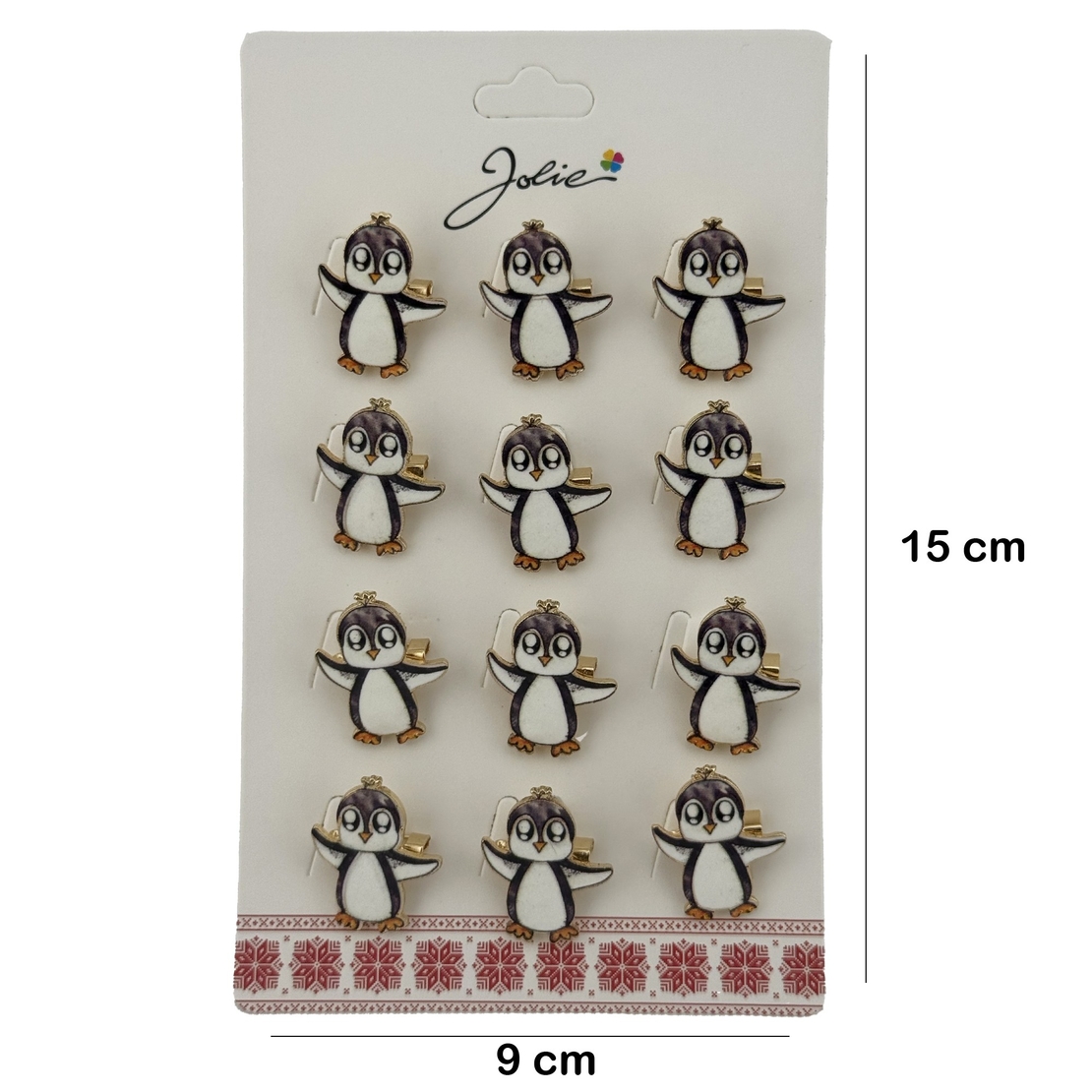Set 12 Brose Martisor cu Pinguin Copii, Jolie, Brose din Metal, Aspect Lacuit, 2,5 x 3 cm per Unitate, Alb