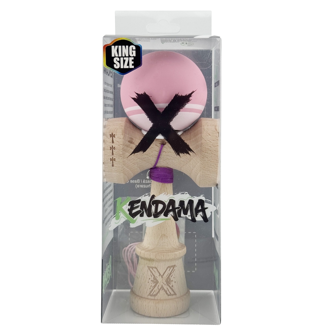 Kendama X Originala, Profesionala, Flippy, Rubber Grip, Cupe Mari KING SIZE V3, Gaura in Baza, Rulment Metalic, din lemn 18 cm, Ata 62/65 cm, Bicolor Roz/Roz deschis