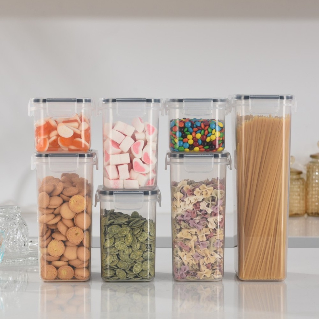 Cutii de depozitare alimente, Flippy, Set din 7 Cutii pentru Condimente, Cereale, Cutii pentru Bucatarie, din Plastic PP, Cutii Alimentare, Diferite Dimensiuni, Transparente