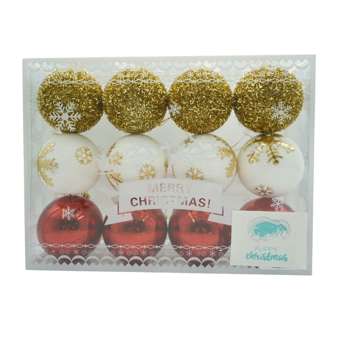 Set de 12 ornamente de brad, Flippy, de tip Glob, Alb/ Rosu, din polistiren, cu finisaj sclipitor , cutie 8 cm adancime x 32 cm lungime x 24 cm inaltime
