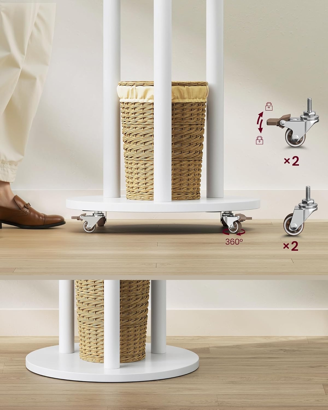 VASAGLE Cuier din lemn masiv, cu 11 agatatori si 3 rafturi, 4 roti detasabile rotative 360°, 40x40x175 cm, alb
