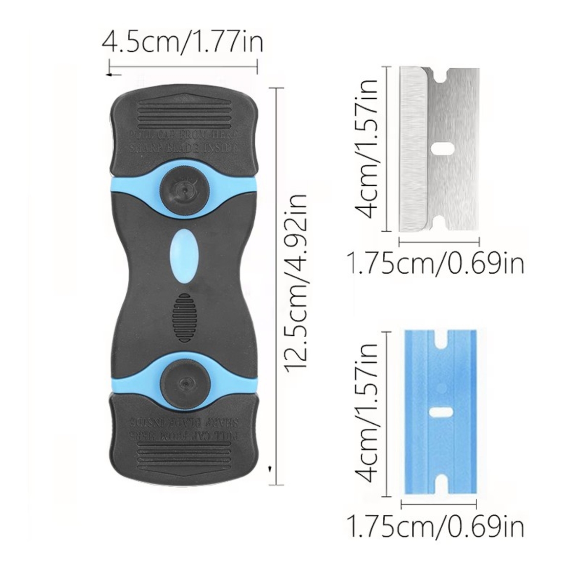 Racleta Multifunctionala pentru Curatare Sticla si Ceramica, Flippy, Design Ergonomic, Maner Anti-alunecare, Include 20 de Lame de Schimb, 12,5 x 4,5 cm, Albastru