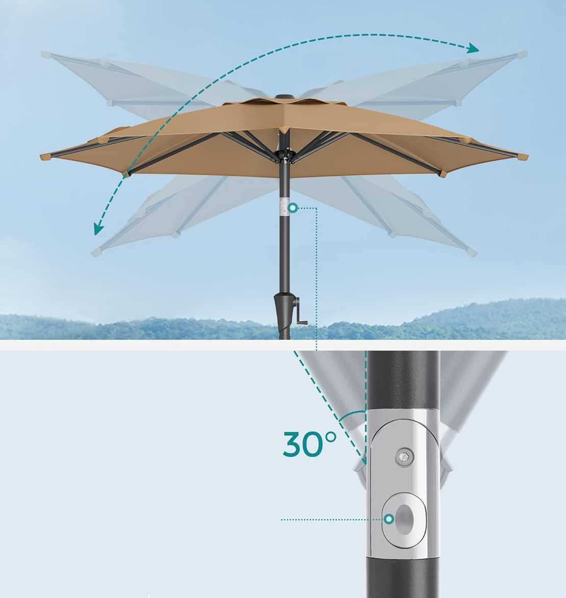 SONGMICS Umbrela de gradina 200 cm, inclinare dubla 30°, poliester UPF 50+, cadru metalic, maro taupe